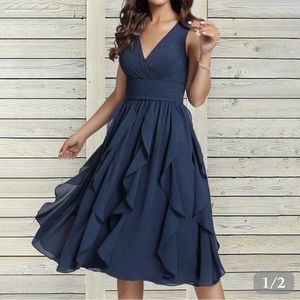 Navy Blue, Midi, Party Dress, Large